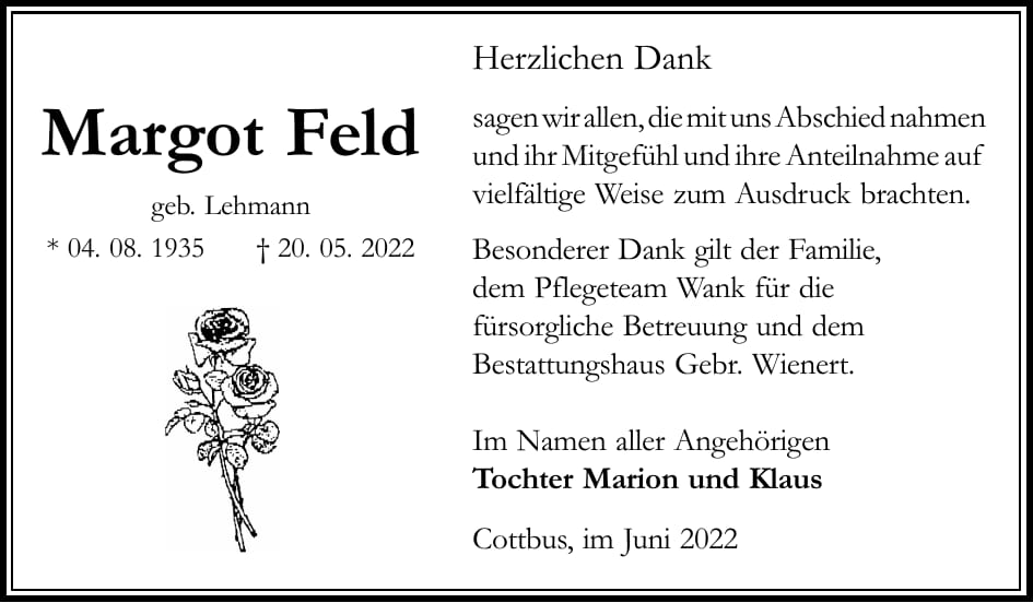 Traueranzeige Margot Feld, geb. Lehmann