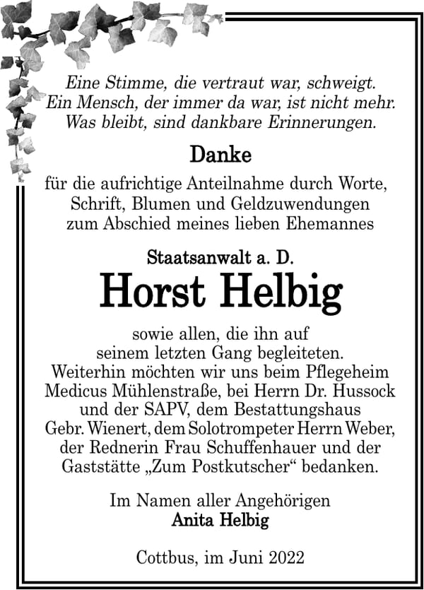 Danksagung Horst Helbig