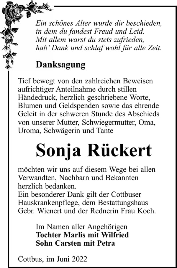 Traueranzeige Sonja Rückert