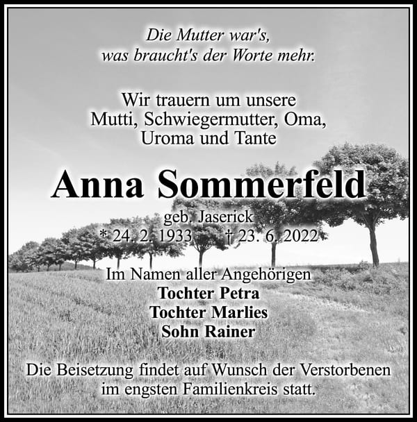 Traueranzeige Anna Sommerfeld, geb. Jaserick