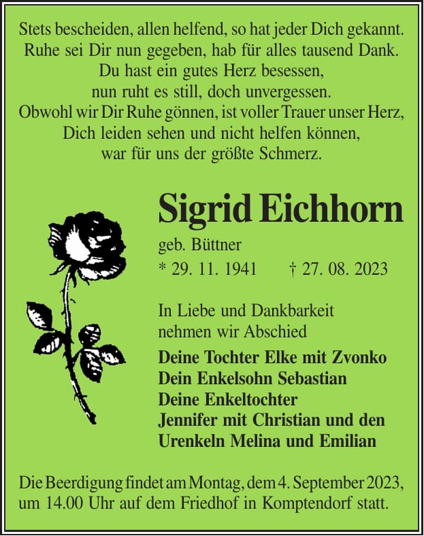 Traueranzeige Sigrid Eichhorn, geb. Büttner