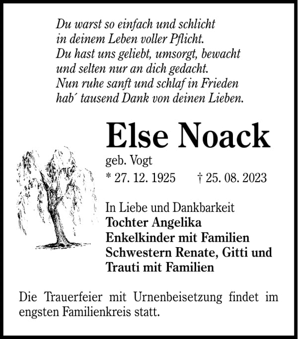Traueranzeige Else Noack, geb. Vogt
