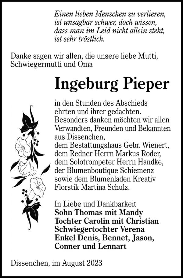 Danksagung Ingeburg Pieper