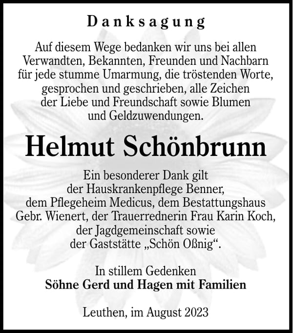Danksagung Helmut Schönbrunn