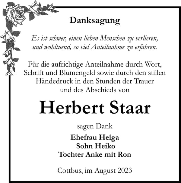 Danksagung Herbert Staar