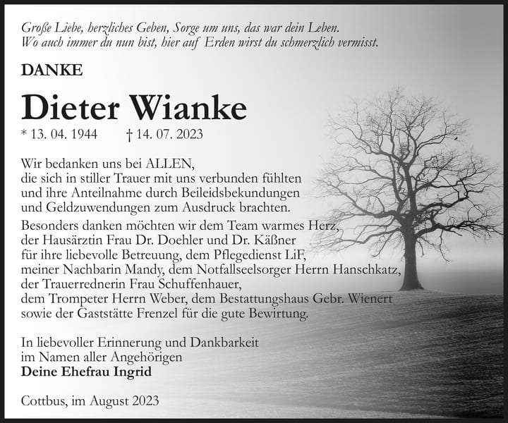 Danksagung Dieter Wianke