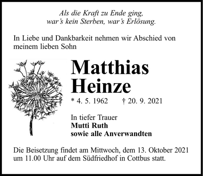 Traueranzeige Matthias Heinze