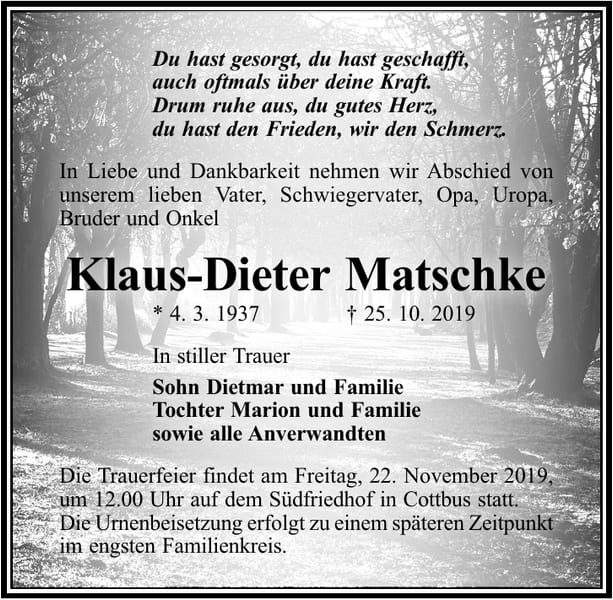 Traueranzeige Klaus-Dieter Matschke