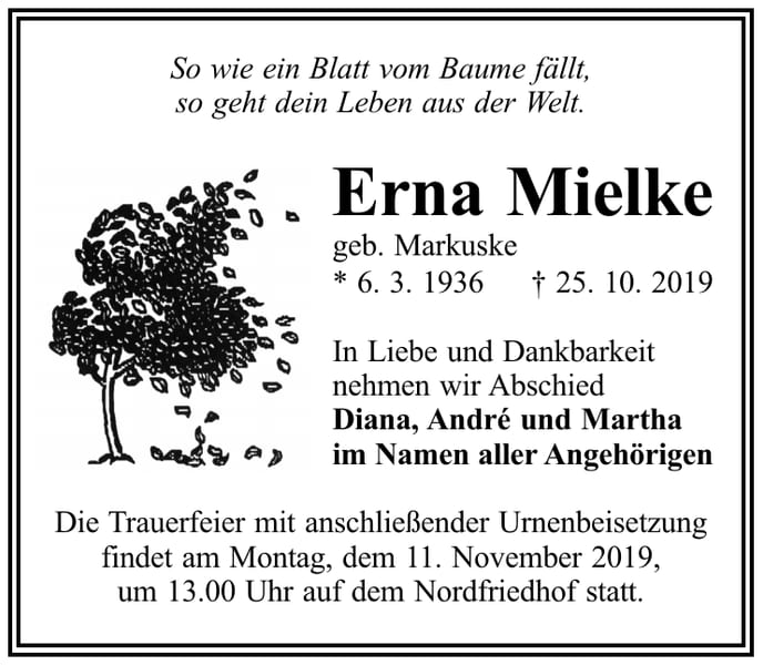 Traueranzeige Erna Mielke, geb. Markuske