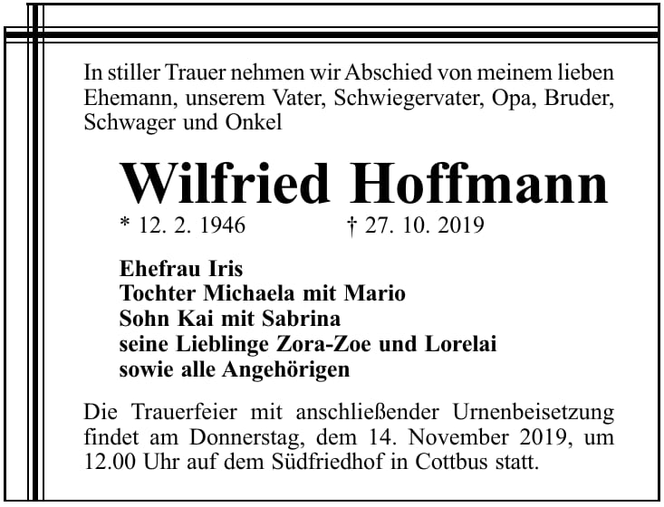 Traueranzeige Wilfried Hoffmann