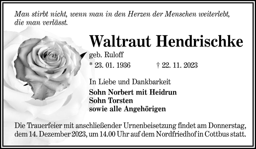 Traueranzeige Waltraut Hendrischke, geb. Ruloff