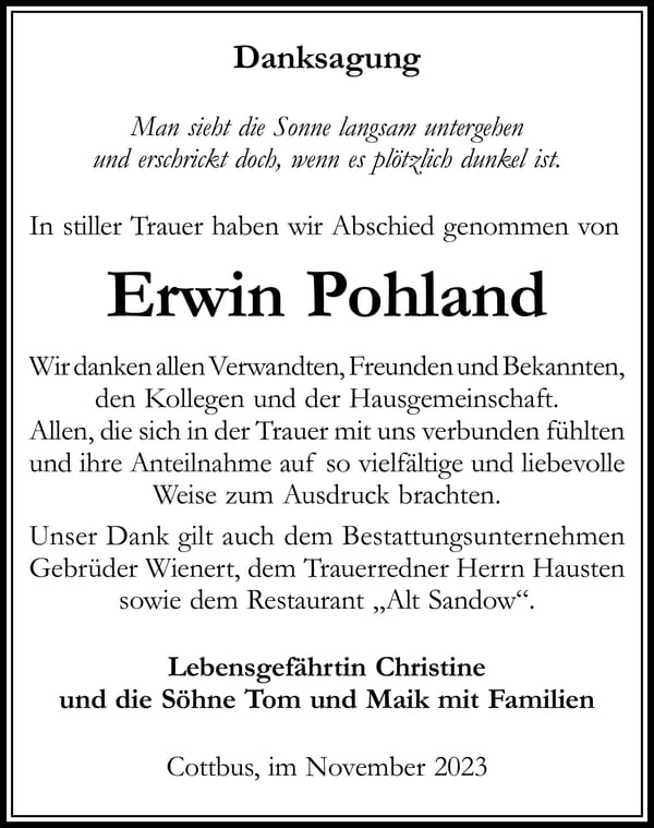 Traueranzeige Erwin Pohland