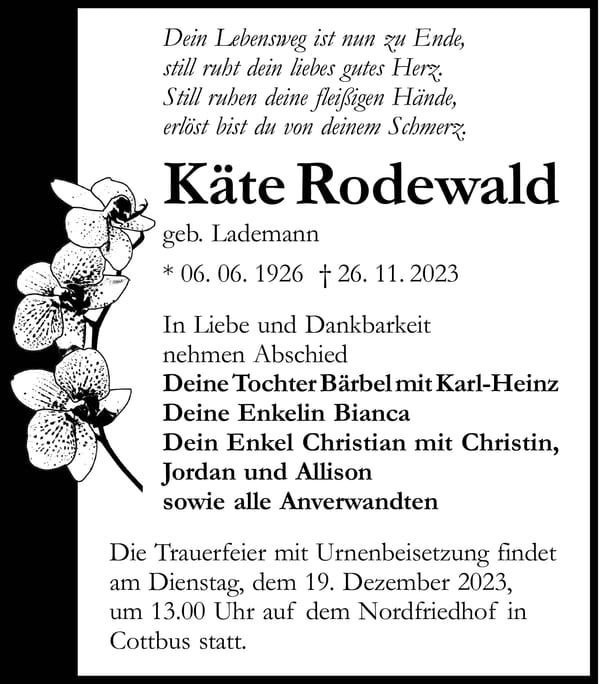 Traueranzeige Käte Rodewald, geb. Lademann