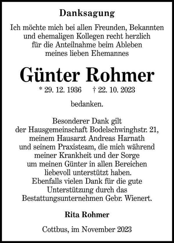 Danksagung Günter Rohmer
