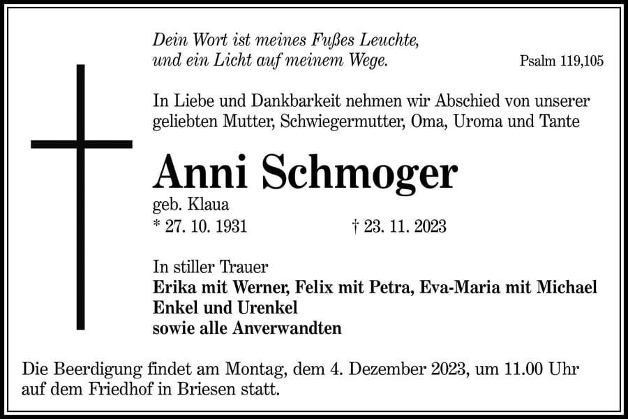 Traueranzeige Anni Schmoger, geb. Klaua