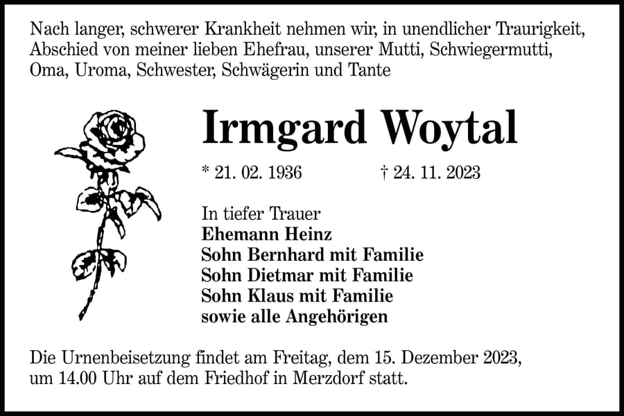 Traueranzeige Irmgard Woytal