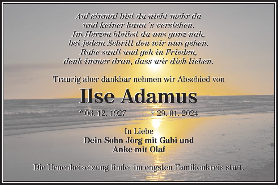 Traueranzeige Ilse Adamus