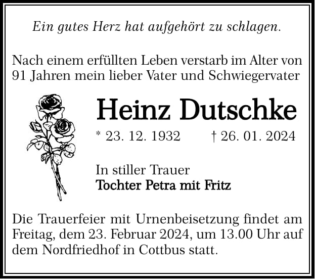 Traueranzeige Heinz Dutschke