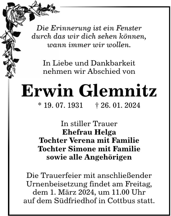 Traueranzeige Erwin Glemnitz