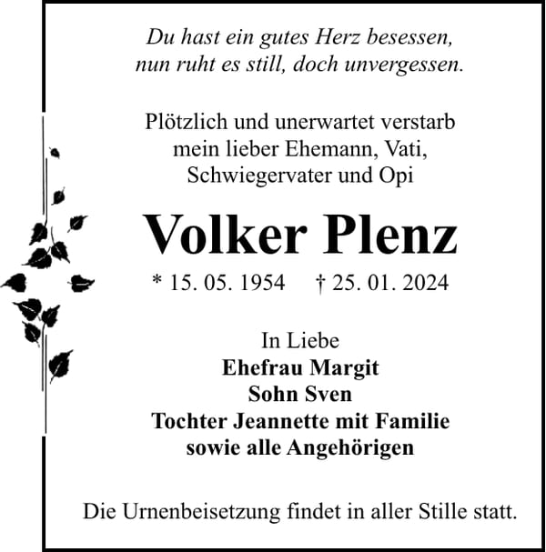 Traueranzeige Volker Plenz