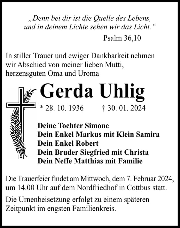Traueranzeige Gerda Uhlig