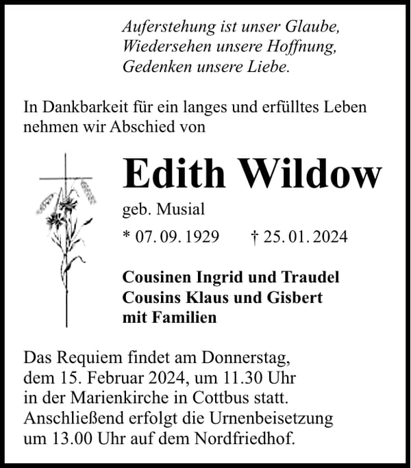 Traueranzeige Edith Wildow, geb. Musial