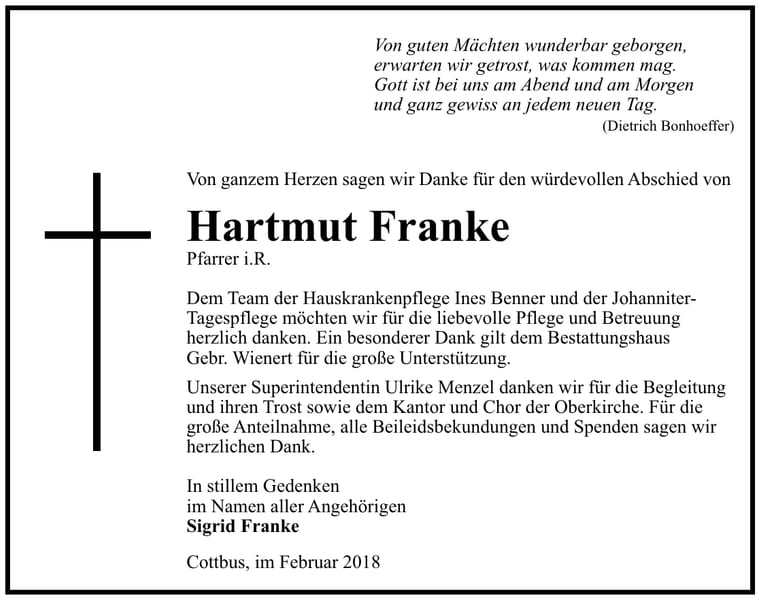 Traueranzeige Hartmut Franke
