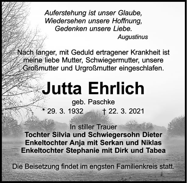 Traueranzeige Jutta Ehrlich, geb. Paschke