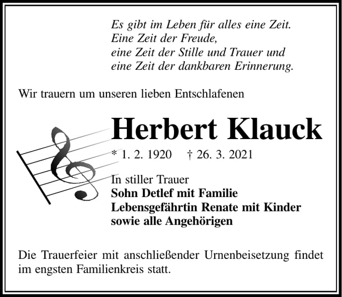 Traueranzeige Herbert Klauck