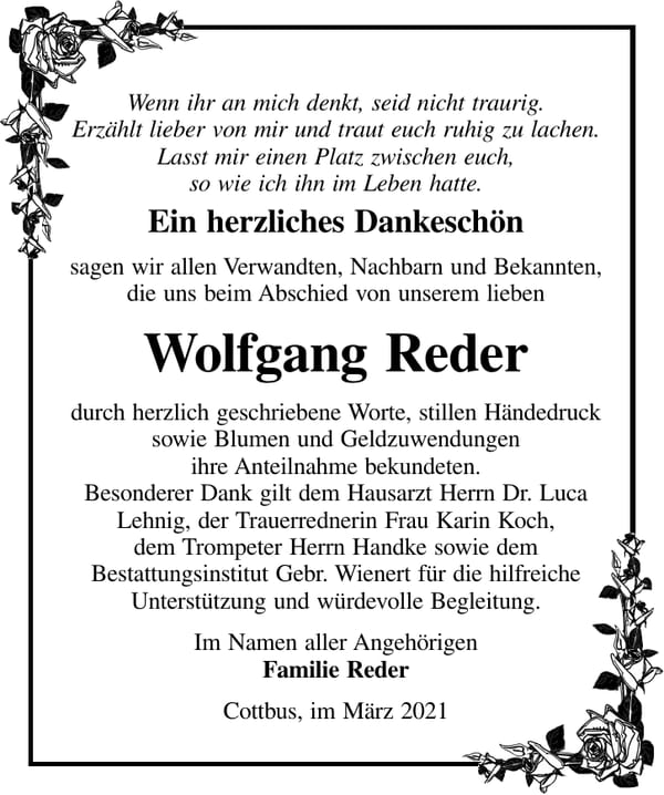 Danksagung Wolfgang Reder