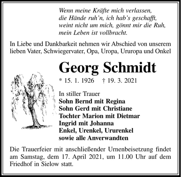 Traueranzeige Georg Schmidt