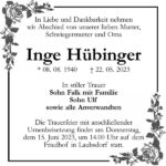 Traueranzeige Inge Hübinger