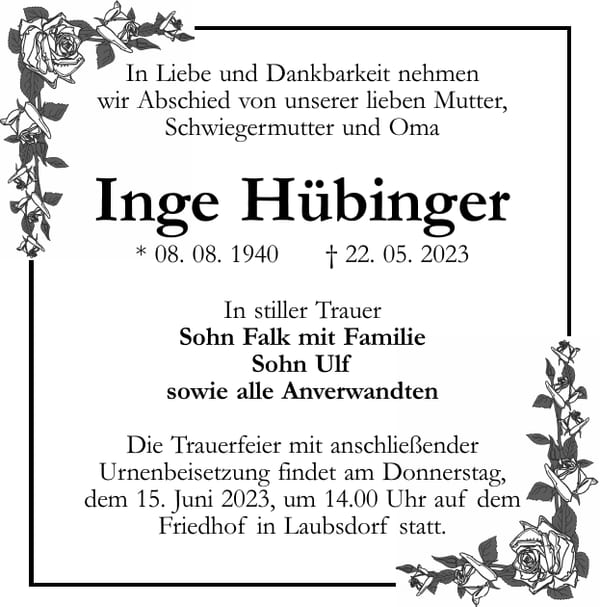 Traueranzeige Inge Hübinger