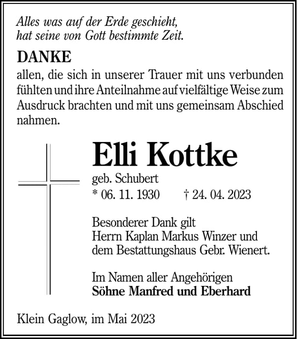 Danksagung Elli Kottke, geb. Schubert