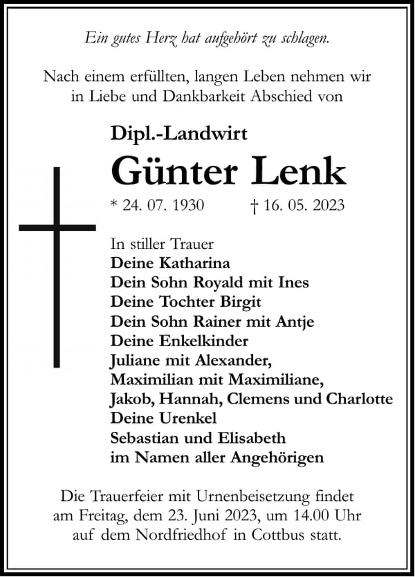 Traueranzeige Günter Lenk
