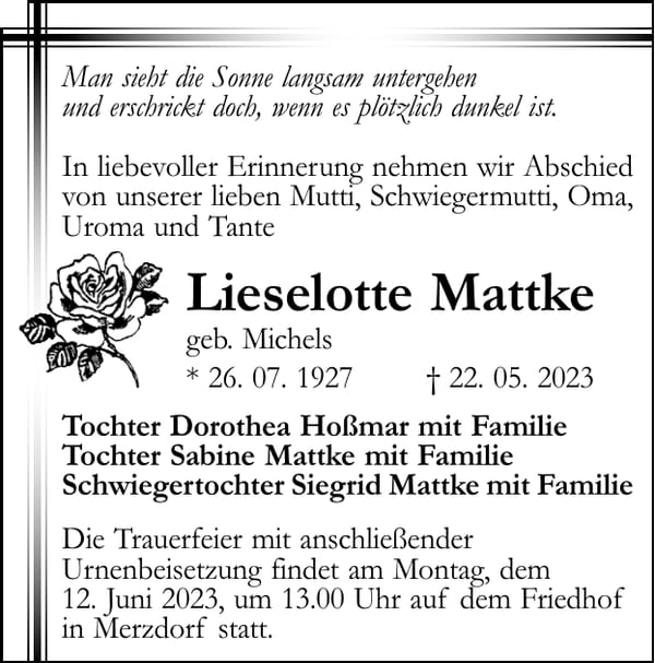 Traueranzeige Lieselotte Mattke, geb. Michels