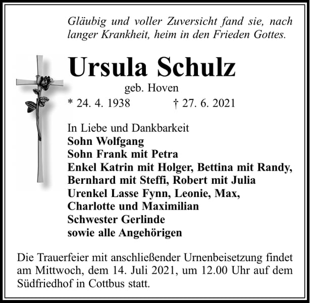 Traueranzeige Ursula Schulz, geb. Hoven
