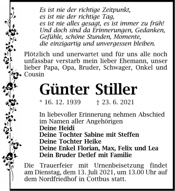 Traueranzeige Günter Stiller