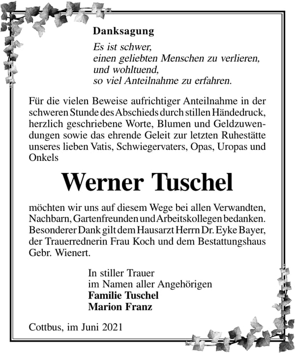 Danksagung Werner Tuschel