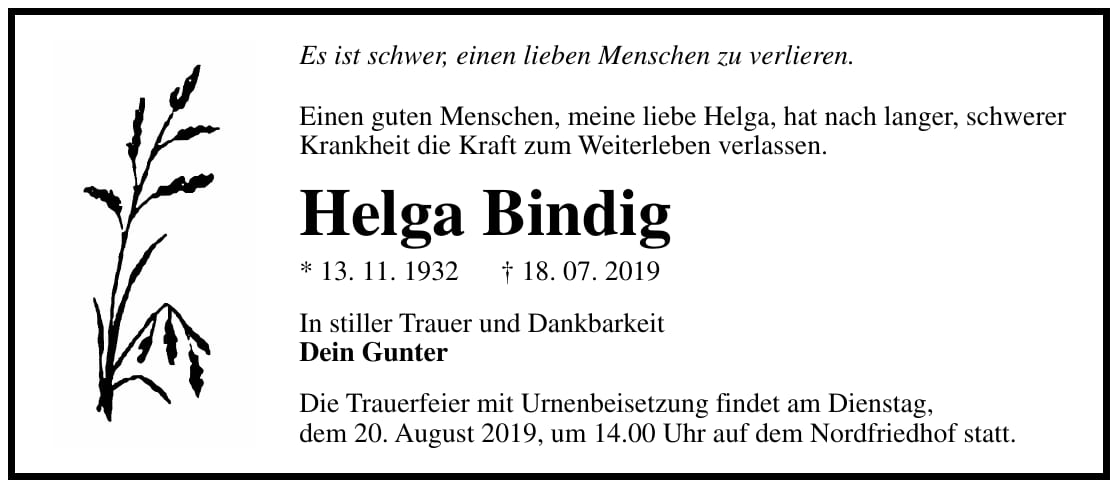 Traueranzeige Helga Bindig