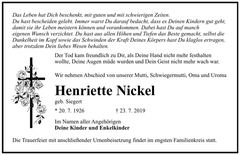 Traueranzeige Henriette Nickel, geb. Siegert