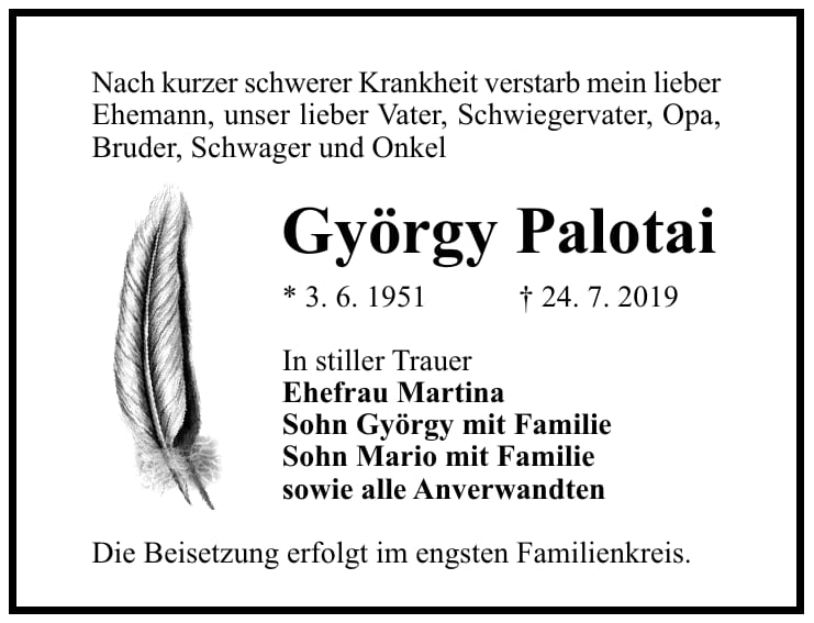 Traueranzeige György Palotai
