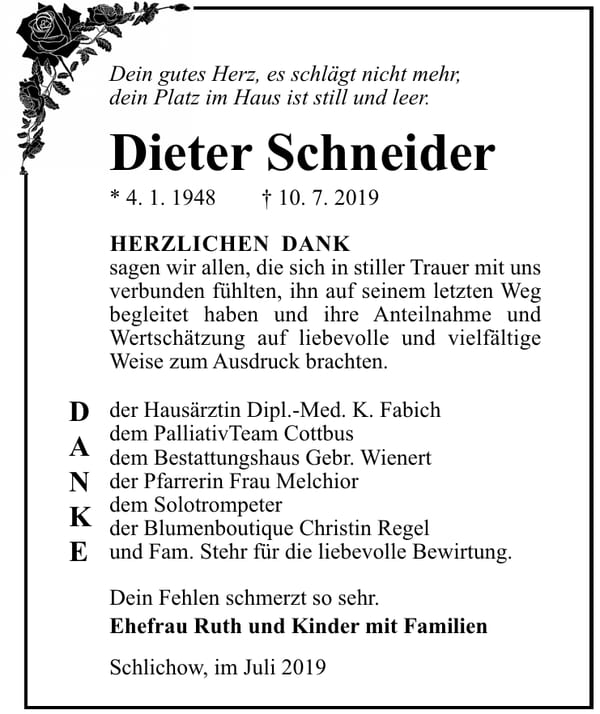 Traueranzeige Dieter Schneider