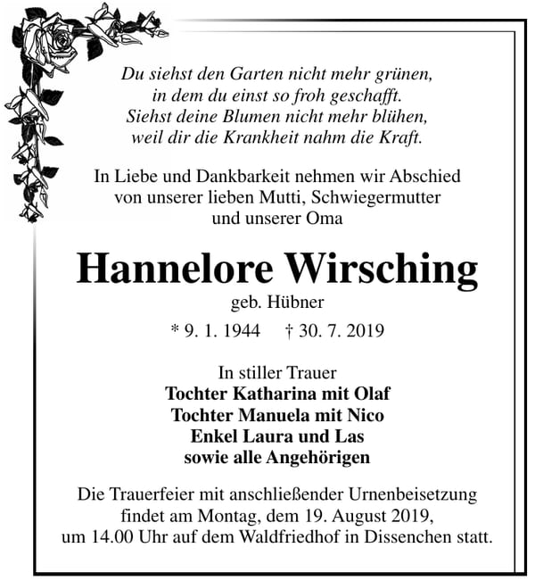 Traueranzeige Hannelore Wirsching, geb. Hübner