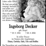 Traueranzeige Ingeborg Decker, geb. Zingel