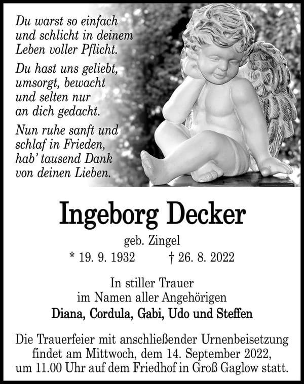 Traueranzeige Ingeborg Decker, geb. Zingel