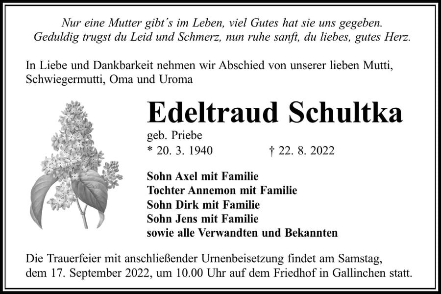 Traueranzeige Edeltraud Schultka, geb. Priebe