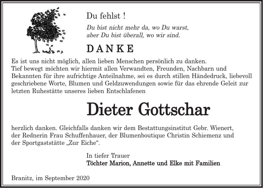 Danksagung Dieter Gottschar