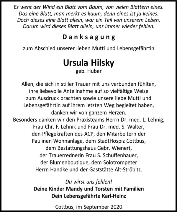 Danksagung Ursula Hilsky, geb. Huber