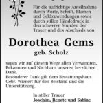 Danksagung Dorothea Gems, geb. Scholz